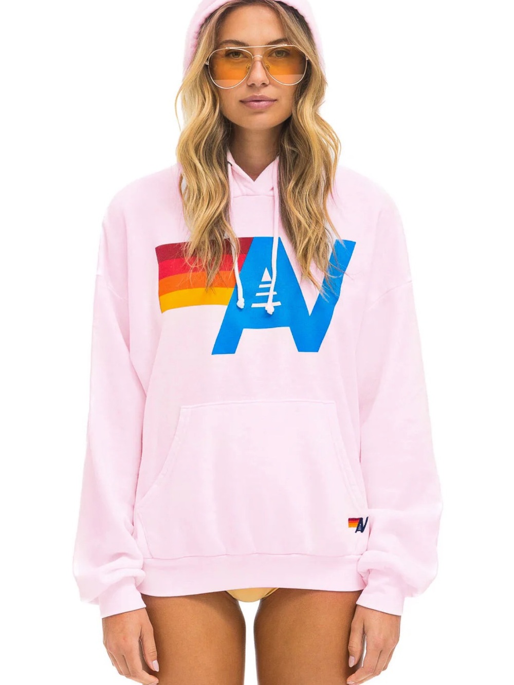 Aviator Nation Pink Hoodie with Blue Logo and Rainbow Accent
